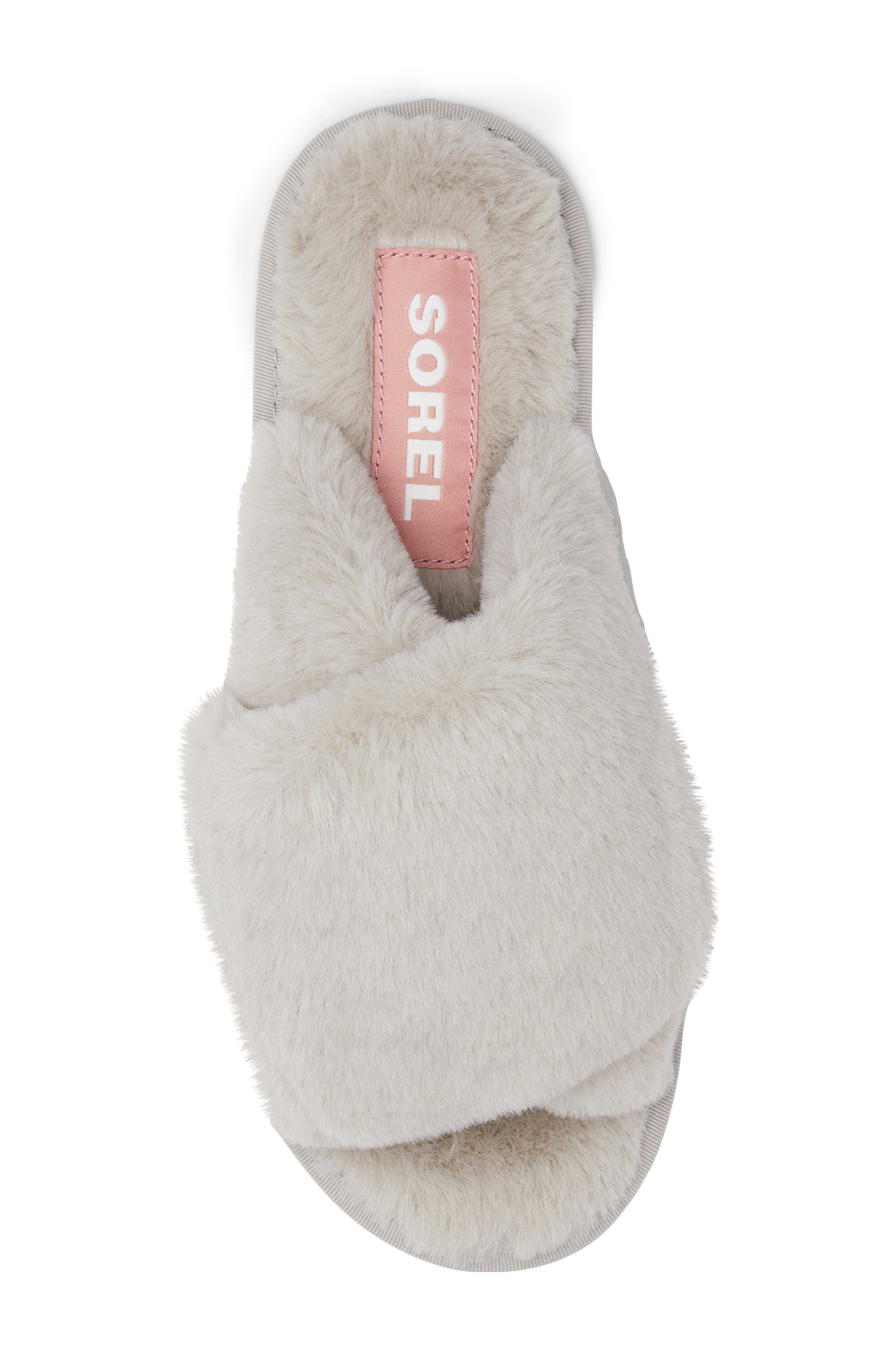 SOREL Go Mail Run Faux Fur Slide Slipper, Alternate, color, Dove/ Sea Salt