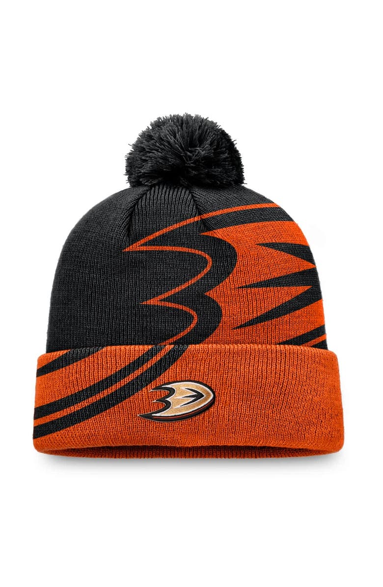 FANATICS Men's Fanatics Black/Orange Anaheim Ducks Block Party Cuffed Knit Hat with Pom, Main, color, 