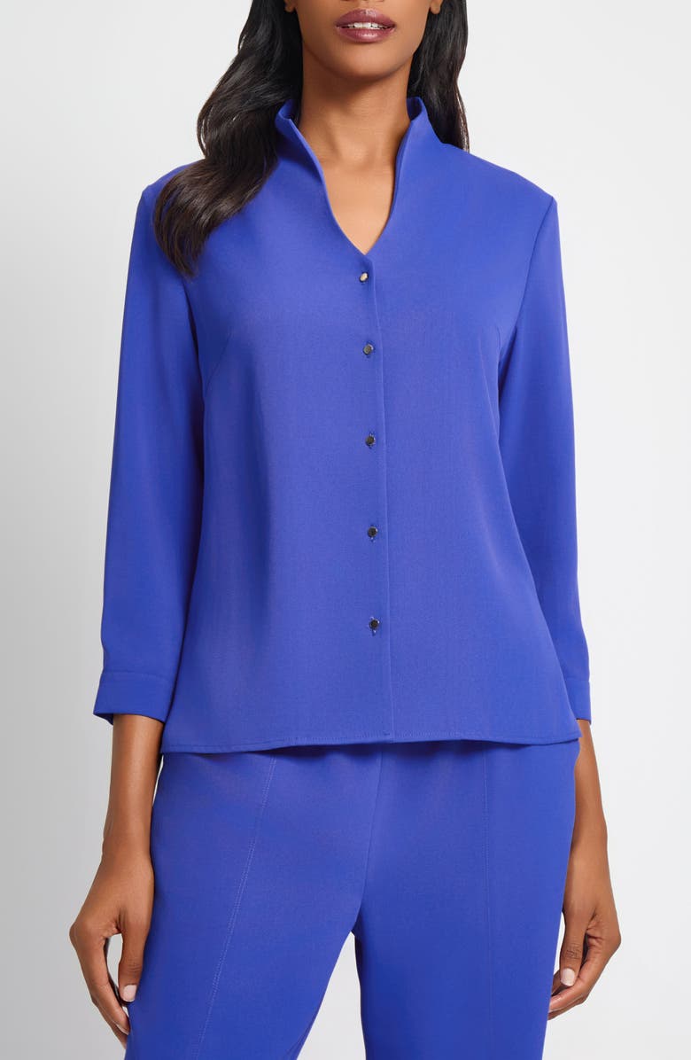 Ming Wang Crêpe de Chine Stand Collar Button-Up Shirt, Main, color, Sapphire Sea
