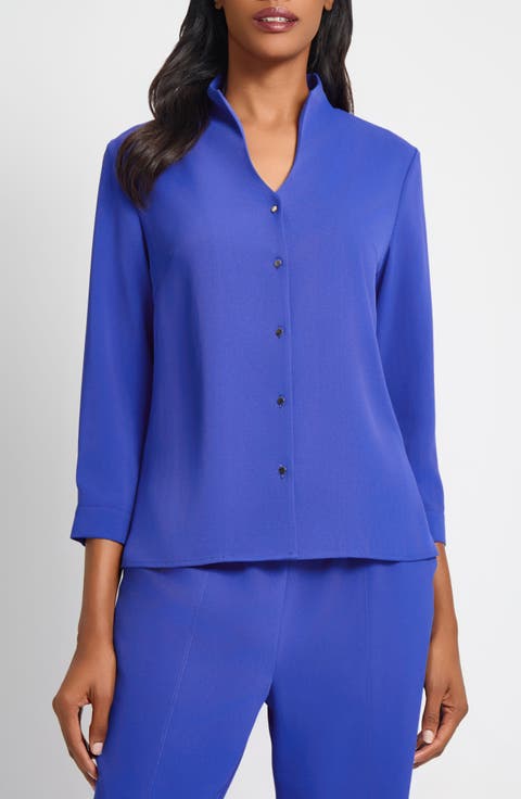 Crêpe de Chine Stand Collar Button-Up Shirt