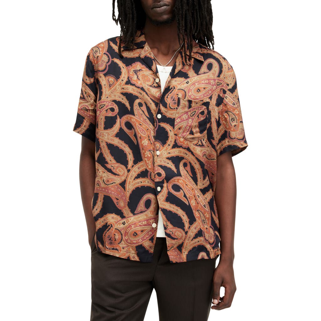 Allsaints Morganza Paisley Print Relaxed Fit Shirt In Jet Black