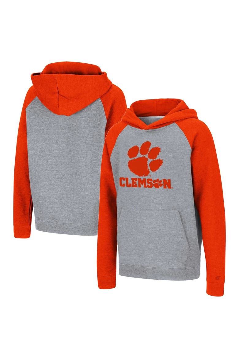 Youth Colosseum Heathered Gray/Orange Clemson Tigers Logo Wordmark Raglan Pullover Hoodie, Alternate, color, Heather Gray