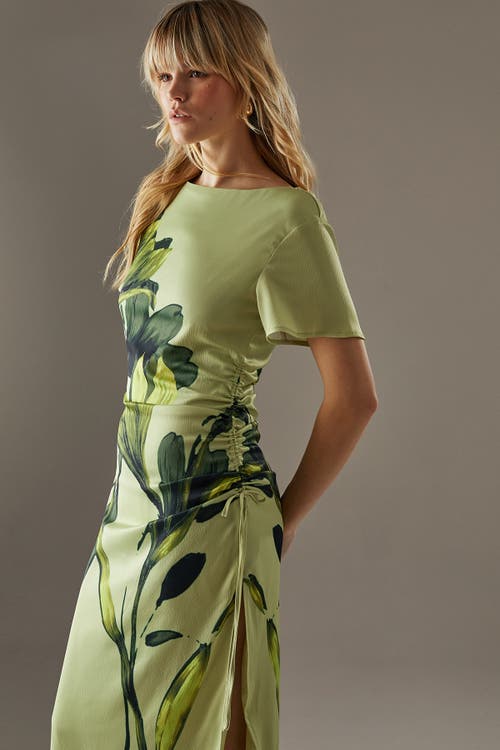 Warehouse Placement Print Crinkle Midi Satin Dress In Yellow