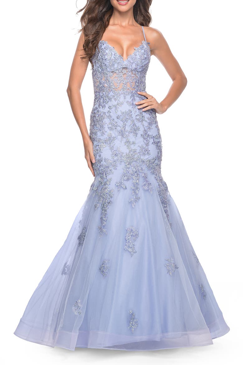 Mermaid Lace Embellished Gown with Illusion Top, Main, color, Lilac Mist