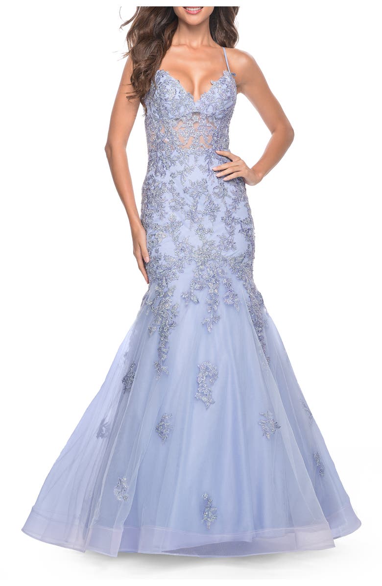 La Femme Mermaid Lace Embellished Gown with Illusion Top, Main, color, Lilac Mist