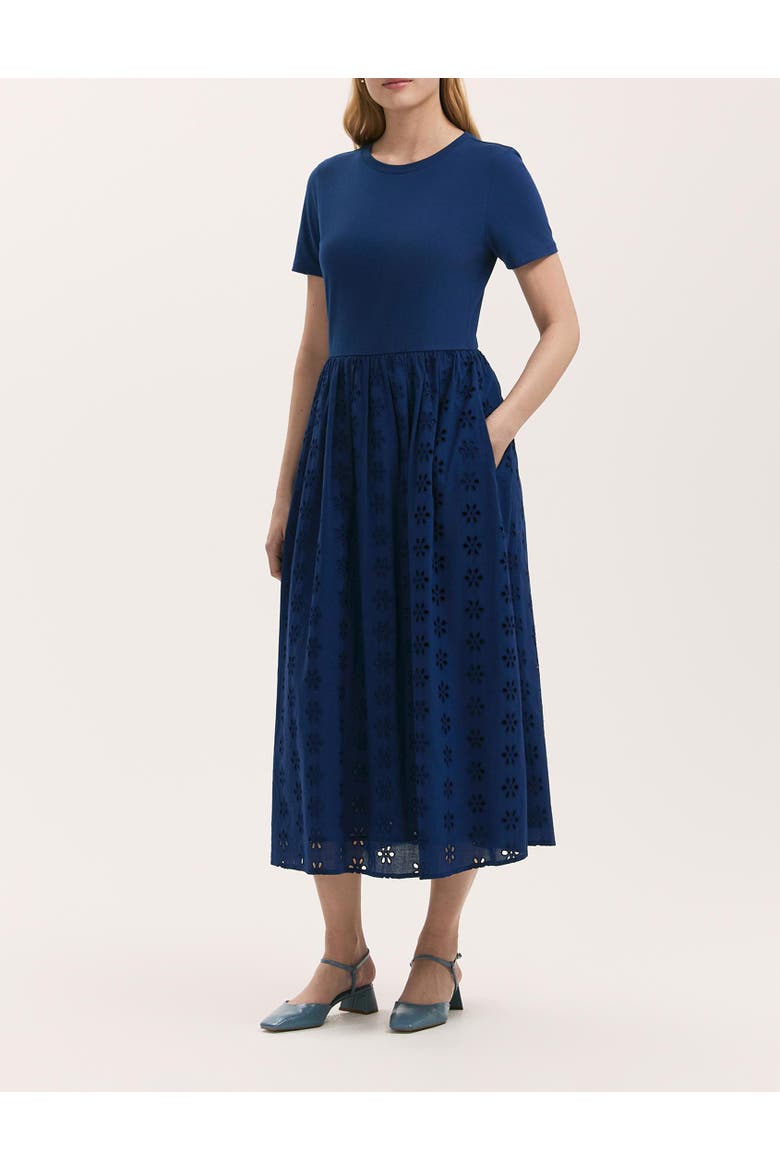 Brea Embroidered Cotton Rich Midi Dress, Alternate, color, Indigo