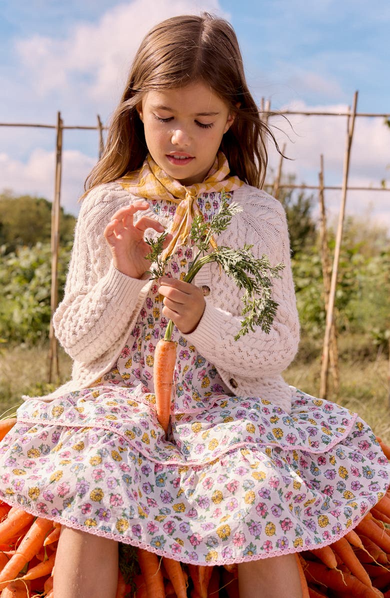 Mini Boden Kids' Lace Trim Smocked Bodice Tiered Cotton Dress, Alternate, color, Soft Ivory Rosa