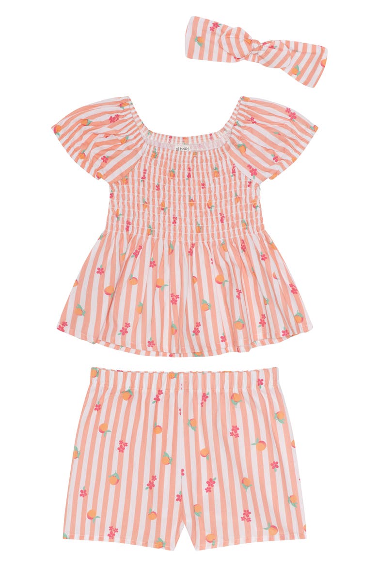 Stripe Woven Top, Shorts & Headband Set, Main, color, PEACHES