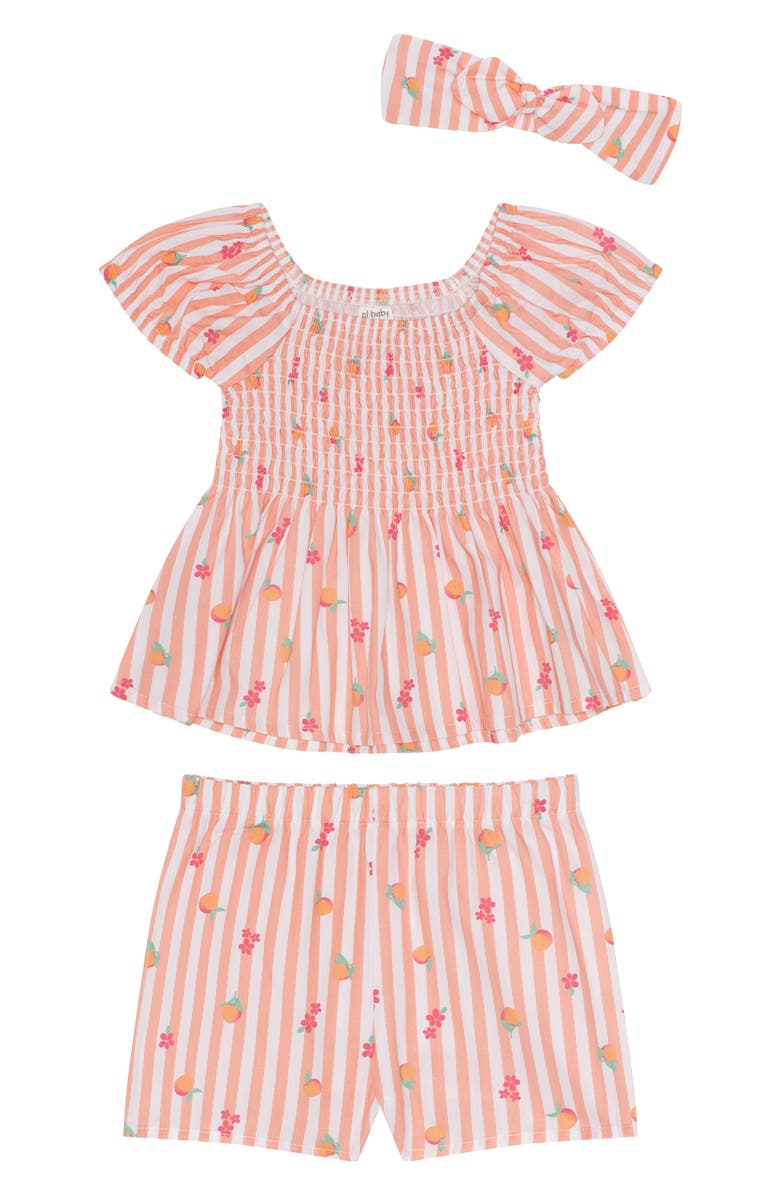 PL Baby by Petit Lem Stripe Woven Top, Shorts & Headband Set, Main, color, Peaches