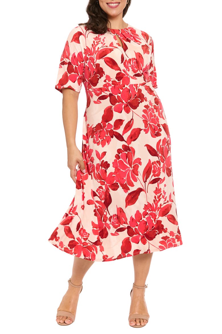Floral Print Keyhole Midi Dress, Main, color, IVORY/ RED