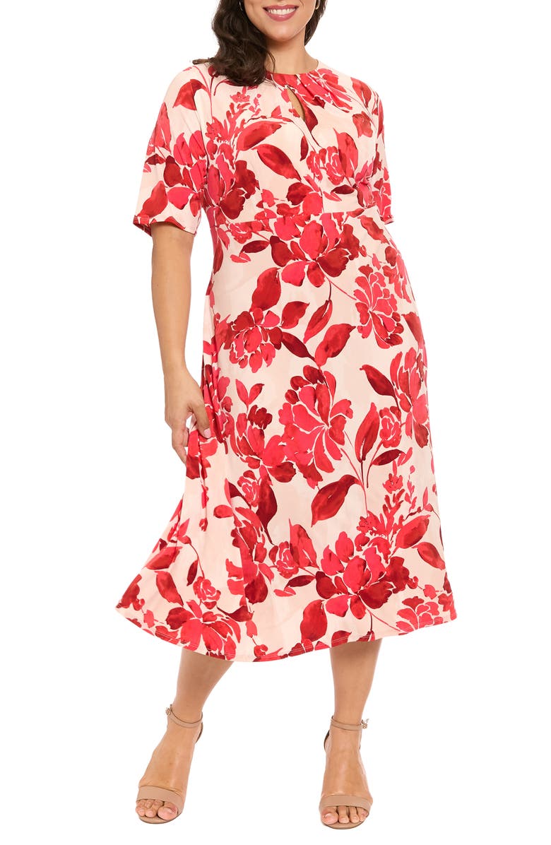 London Times Floral Print Keyhole Midi Dress, Main, color, Ivory/ Red