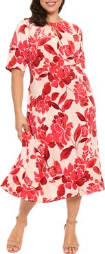 London Times Floral Print Keyhole Midi Dress
