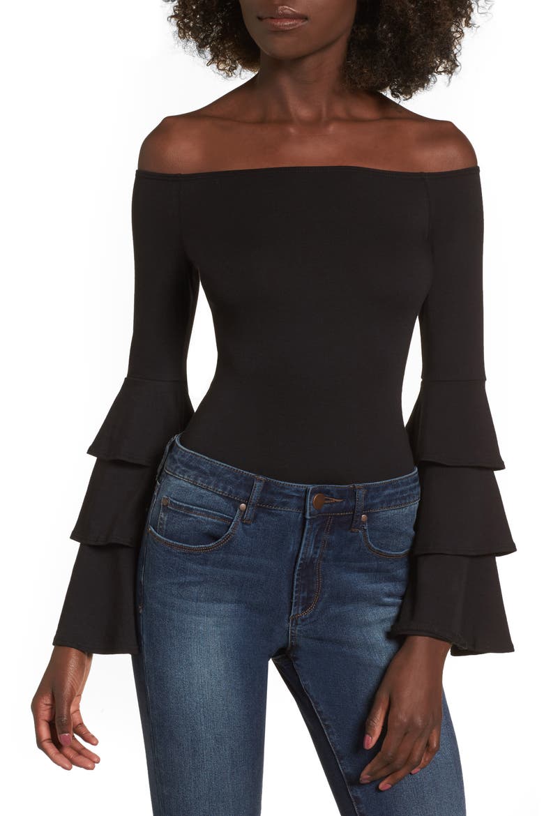 Ruffle Sleeve Off the Shoulder Bodysuit, Main, color, BLACK