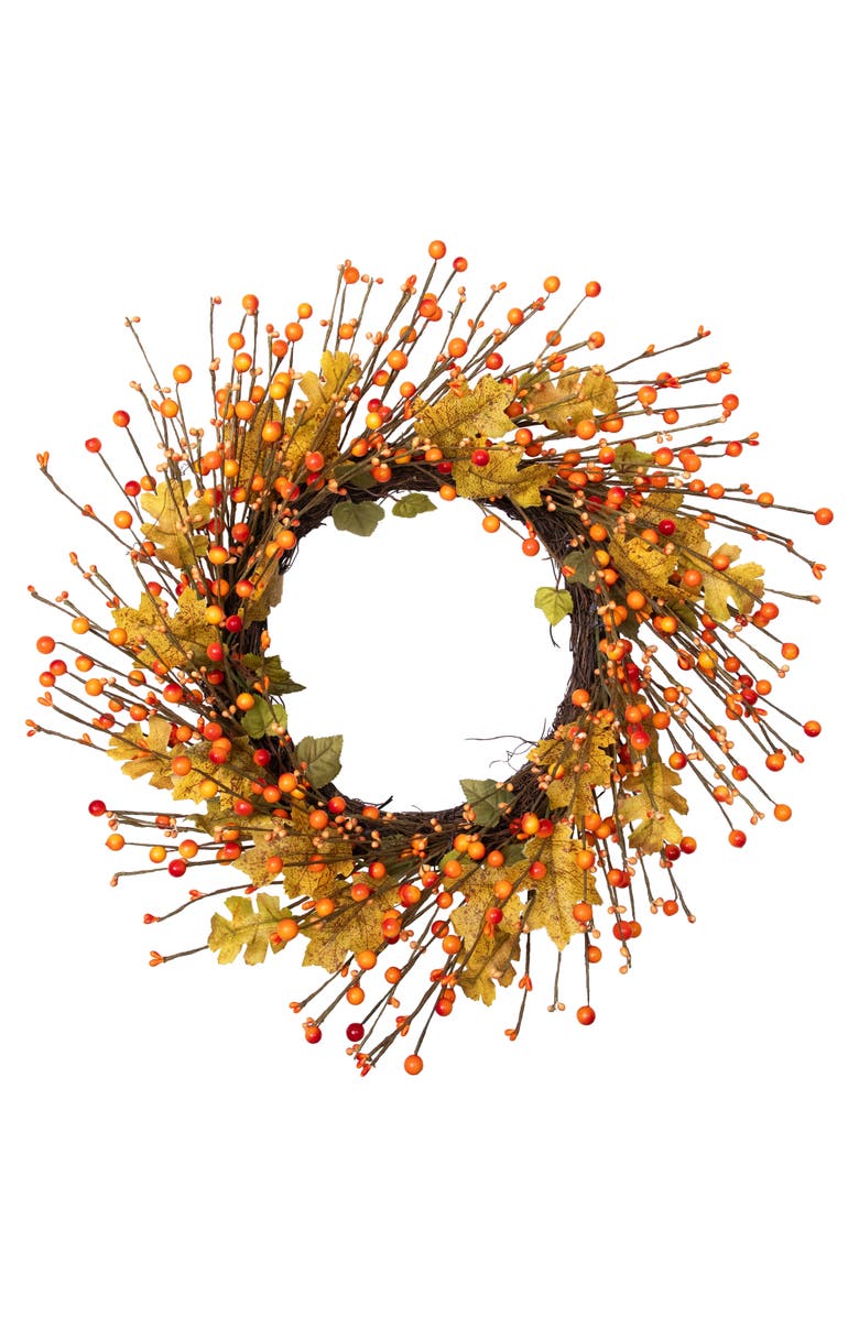 Northlight Berries and Maple Leaves Artificial Fall Harvest Twig Wreath - 22", Main, color, Yellow