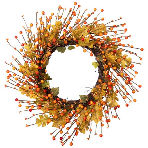 Berries and Maple Leaves Fall Harvest Artificial Twig Wreath - 22"