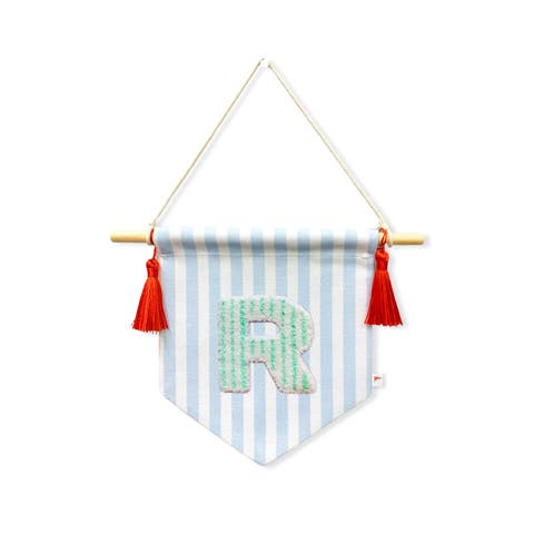 A B C' Blue Striped Create-Your-Own Banner with Red Tassels and Chenille Letter Patch