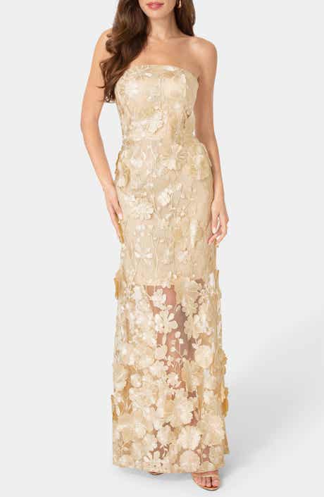 bebe Embroidered Strapless Gown