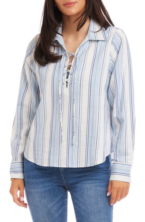 Stripe Linen Blend Lace-Up Popover Shirt