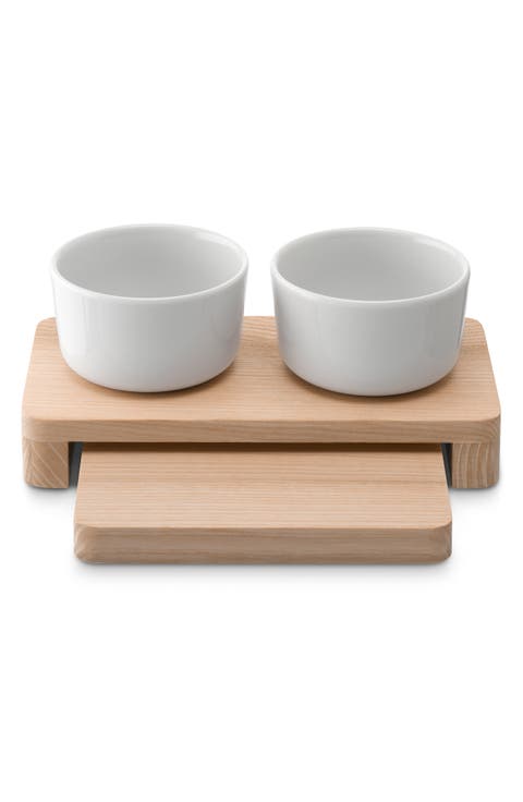 Collective Set of 2 Porcelain Bowls & Wood Stand Set