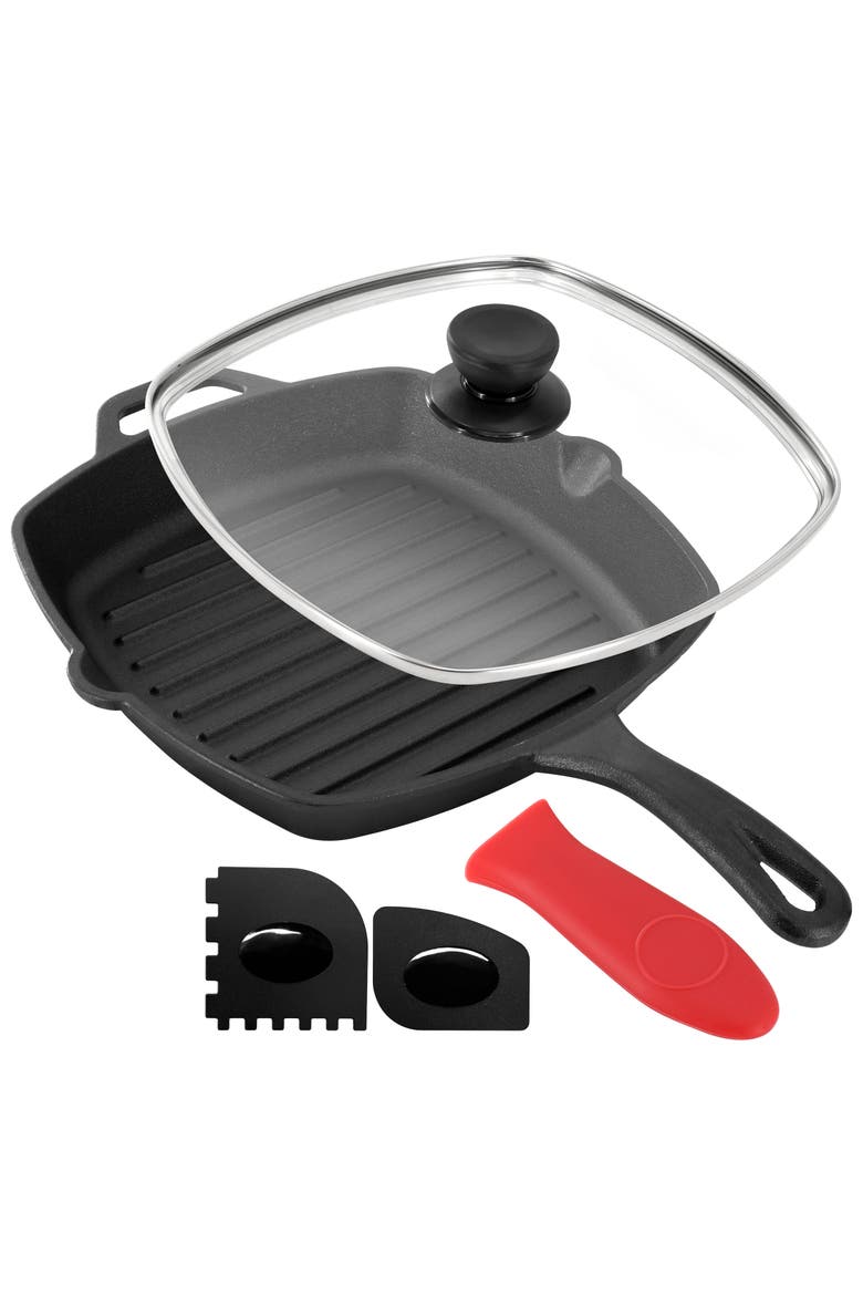 10.4 Inch Pre-Seasoned Cast Iron Griddle with Tempered Glass Lid, Alternate, color, Black