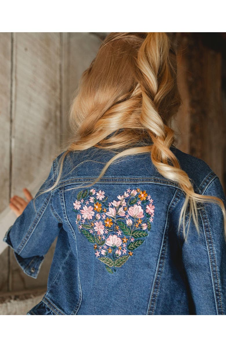 Deux par Deux Denim Jacket with Ruffle Hem and Floral Embroidery, Alternate, color, Blue Denim