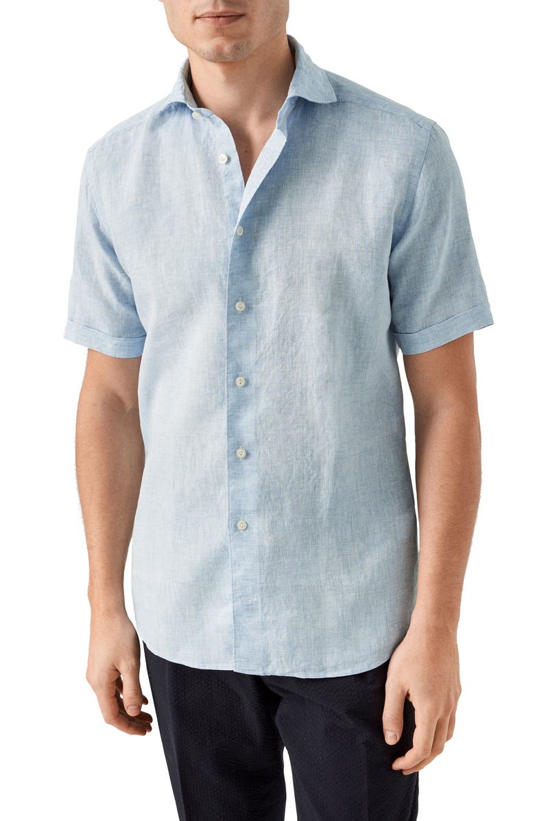 Eton Contemporary Fit Short Sleeve Linen Dress Shirt, Main, color, Blue