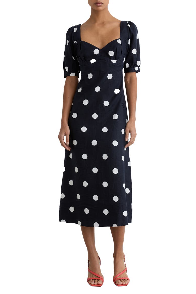 Astrid Polka Dot Puff Sleeve Open Back Linen Midi Dress, Main, color, NAVY/ IVORY