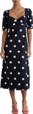Reiss Astrid Polka Dot Puff Sleeve Open Back Linen Midi Dress