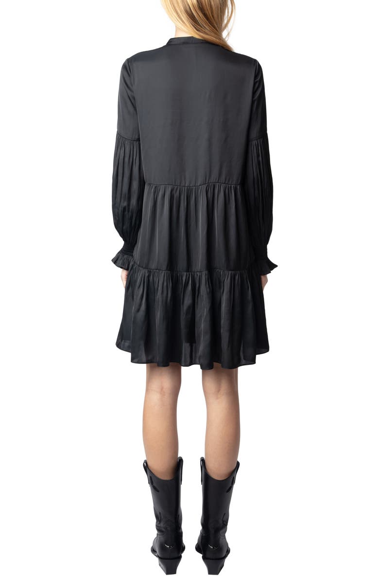 Zadig & Voltaire Randy Long Sleeve Tiered Satin Dress, Alternate, color, Black