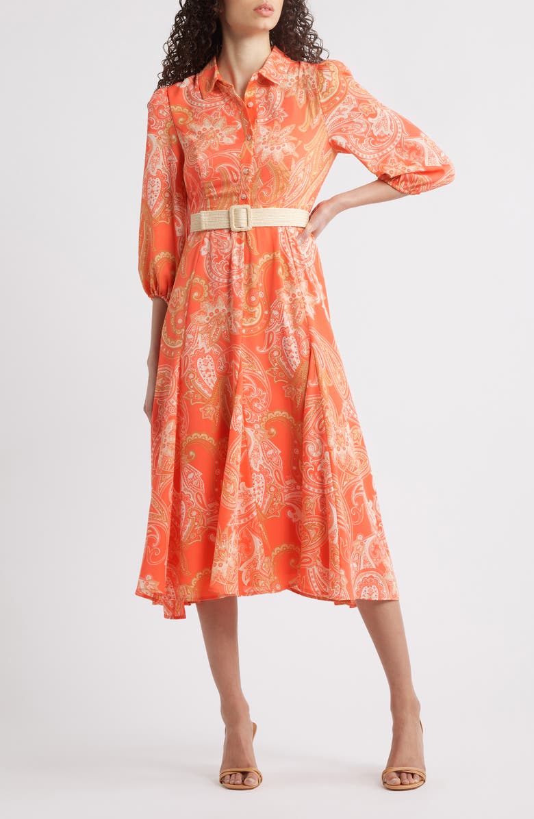 Tahari ASL Paisley Belted Fit & Flare Shirtdress, Main, color, Coral Paisley