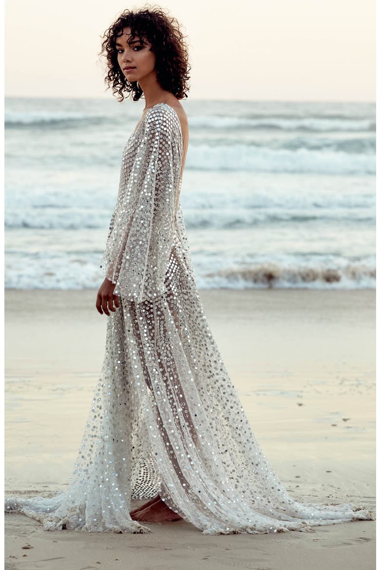 Toby Sequin High/Low Wedding Dress, Alternate, color, SILVER