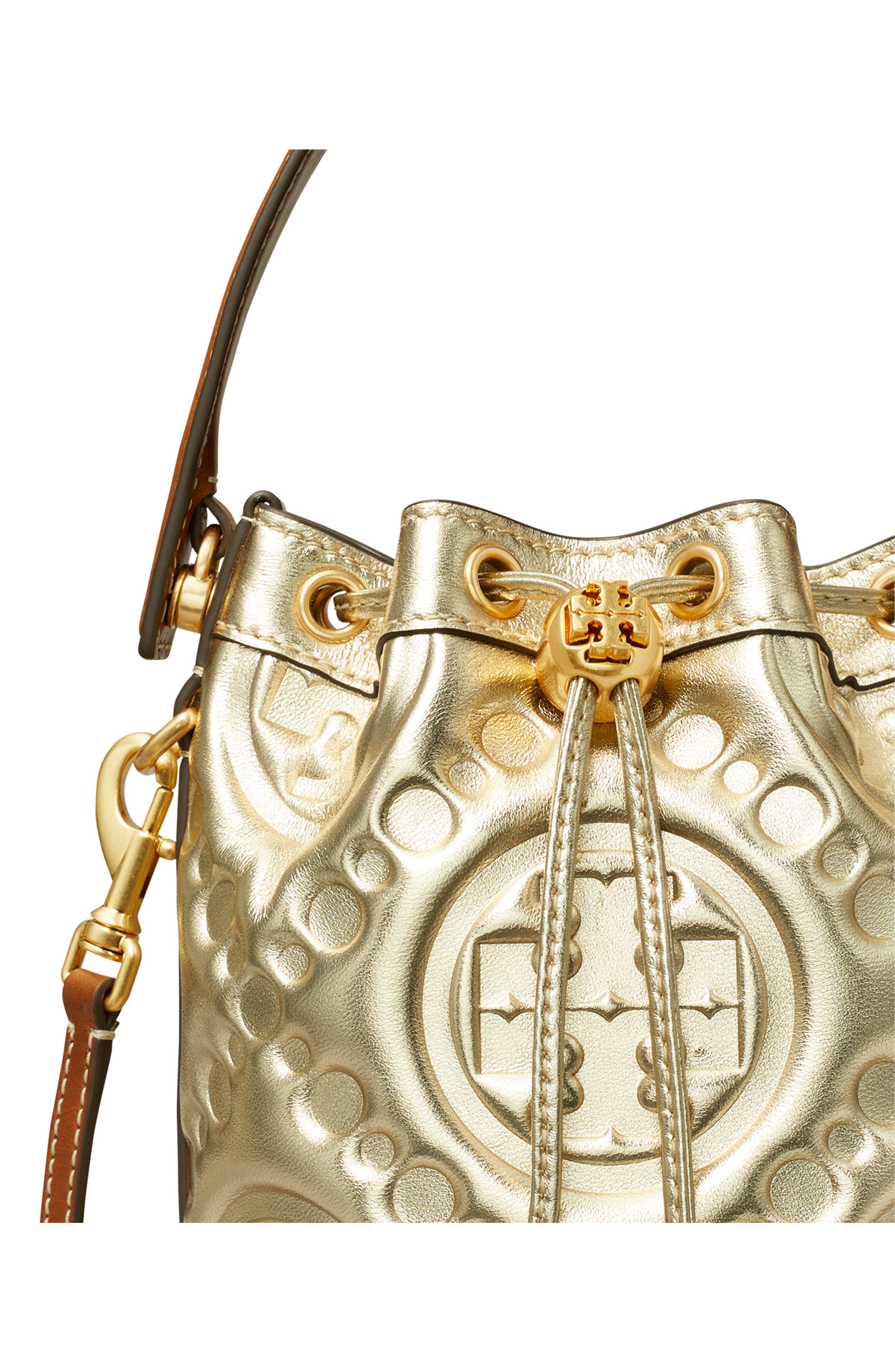 Tory Burch T-Monogram Embossed Puffy Metallic Leather Bucket Bag, Alternate, color, 
