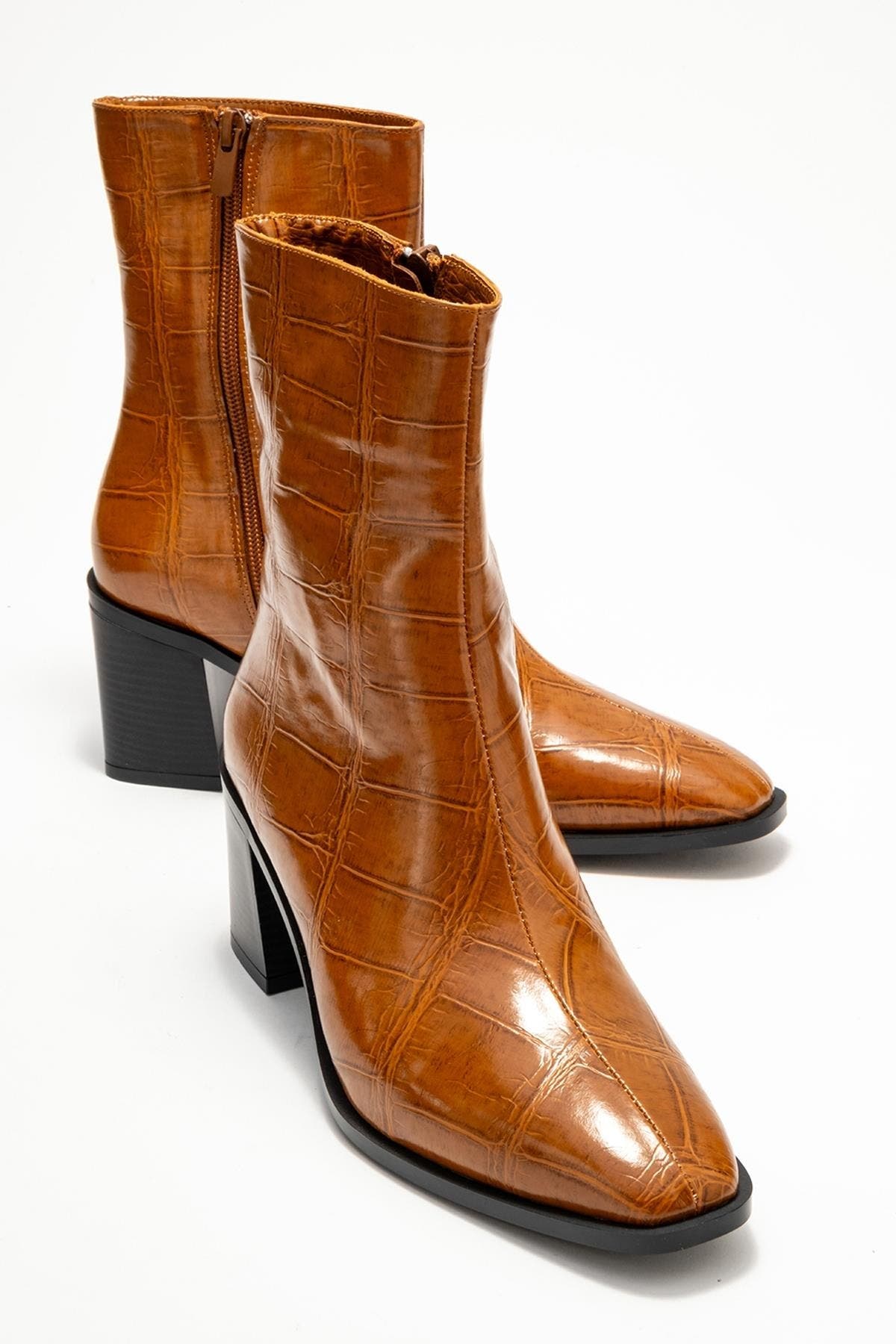 Chara Block Heel Ankle Boot, Alternate, color, Cognac Print Faux Leather
