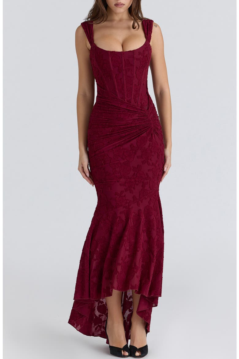 Cesca Floral Burnout Corset Cocktail Dress, Alternate, color, WINE