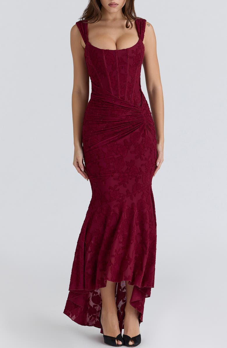 HOUSE OF CB Cesca Floral Burnout Corset Cocktail Dress, Alternate, color, Wine