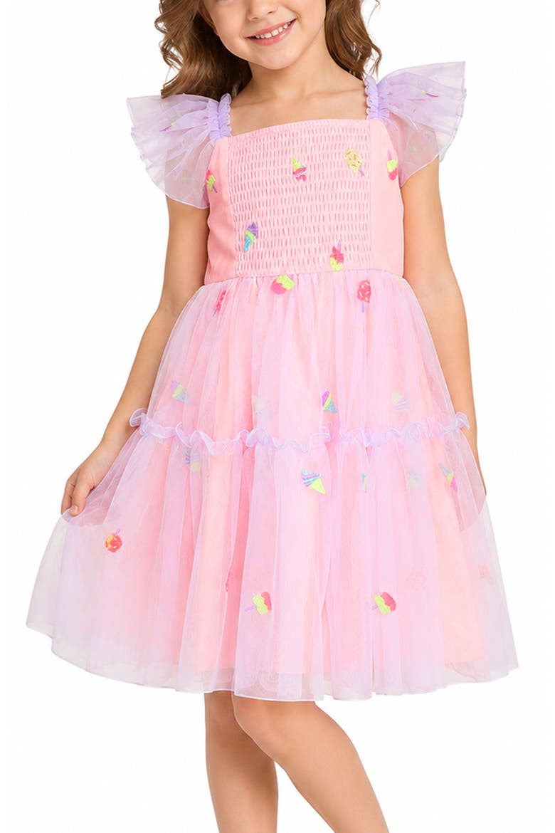 Kids' Embroidered Smocked Bodice Mesh Party Dress, Alternate, color, PEACH