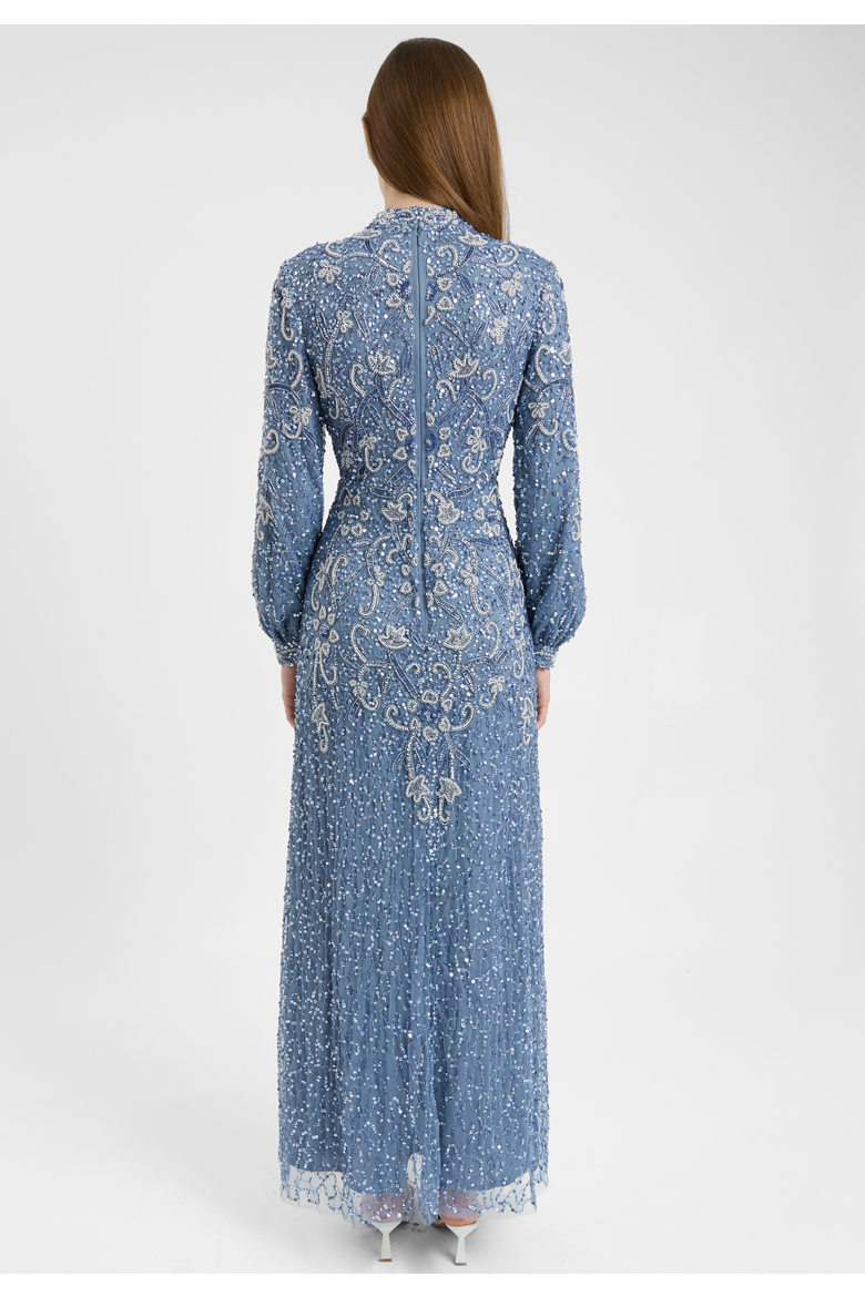 Modest Embellished Sequin Beaded Dress Maxi With Cuff Sleeves, Alternate, color, POWDER BLUE
