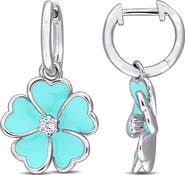 DELMAR White Topaz & Enamel Floral Drop Huggie Hoop Earrings