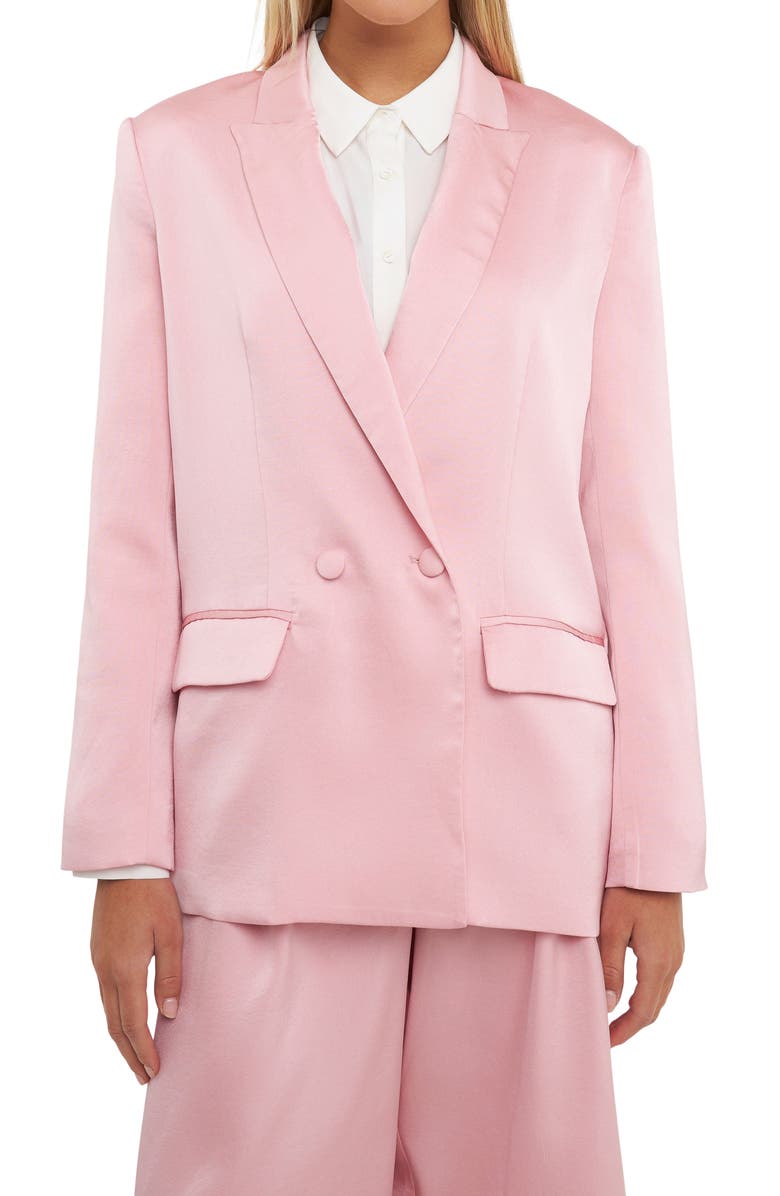 English Factory Drapey Double Breasted Satin Blazer, Alternate, color, 