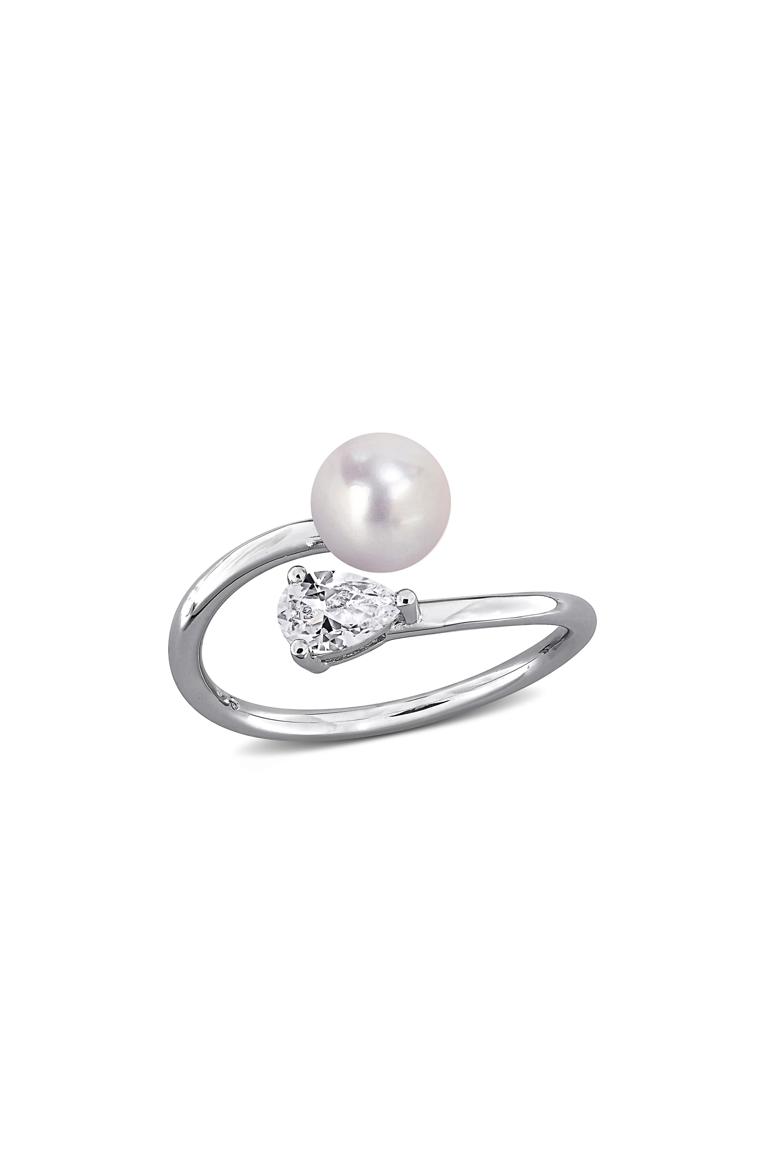 DELMAR 6-6.5mm Cultured Freshwater Pearl & Stone Bypass Ring