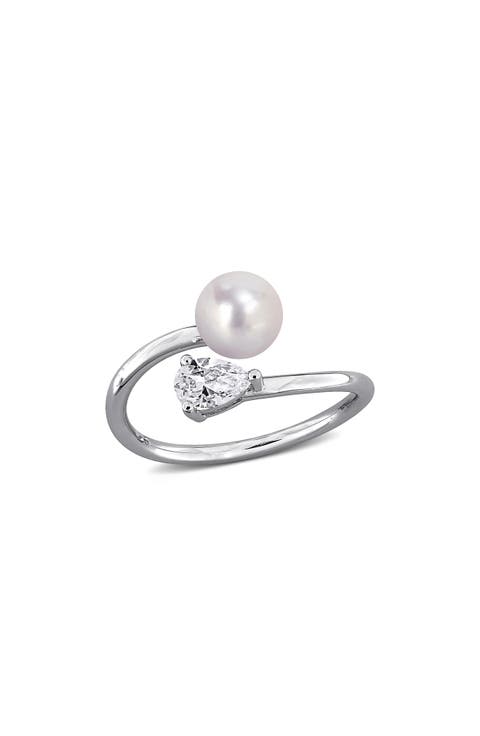 6-6.5mm Cultured Freshwater Pearl & Stone Bypass Ring