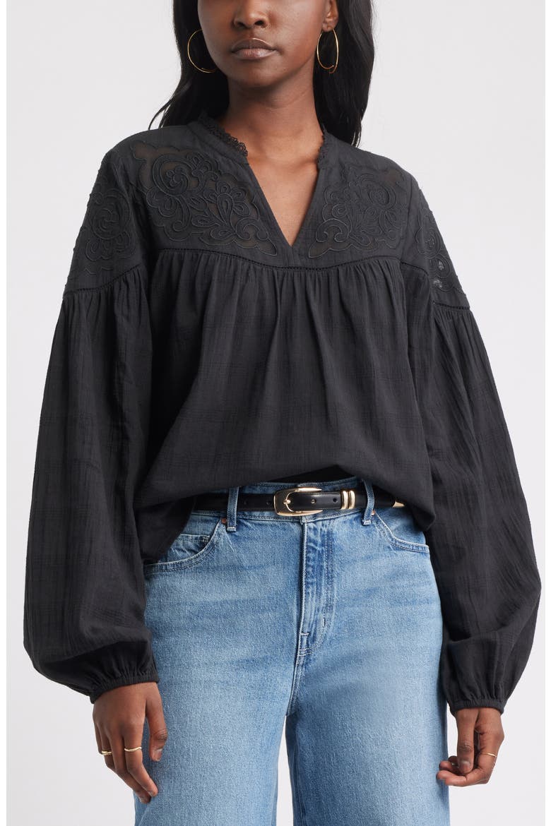 Appliqué Yoke Balloon Sleeve Cotton Top, Main, color, BLACK