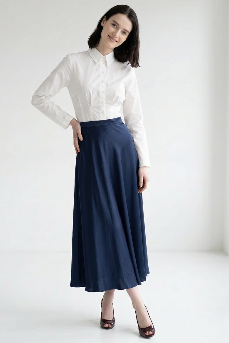 Nayaine A Line Zippered Midi Skirt, Main, color, Navy