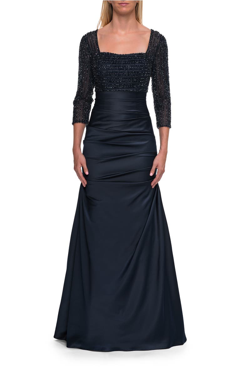 Beaded Bodice Satin Gown with Three-Quarter Sleeves, Main, color, Navy
