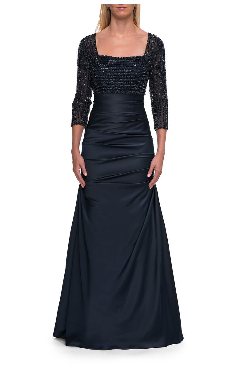 La Femme Beaded Bodice Satin Gown with Three-Quarter Sleeves, Main, color, Navy