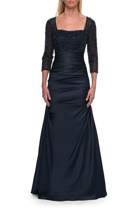 Beaded Bodice Satin Gown with Three-Quarter Sleeves