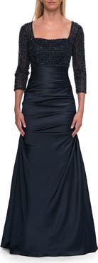 La Femme Beaded Bodice Satin Gown with Three-Quarter Sleeves