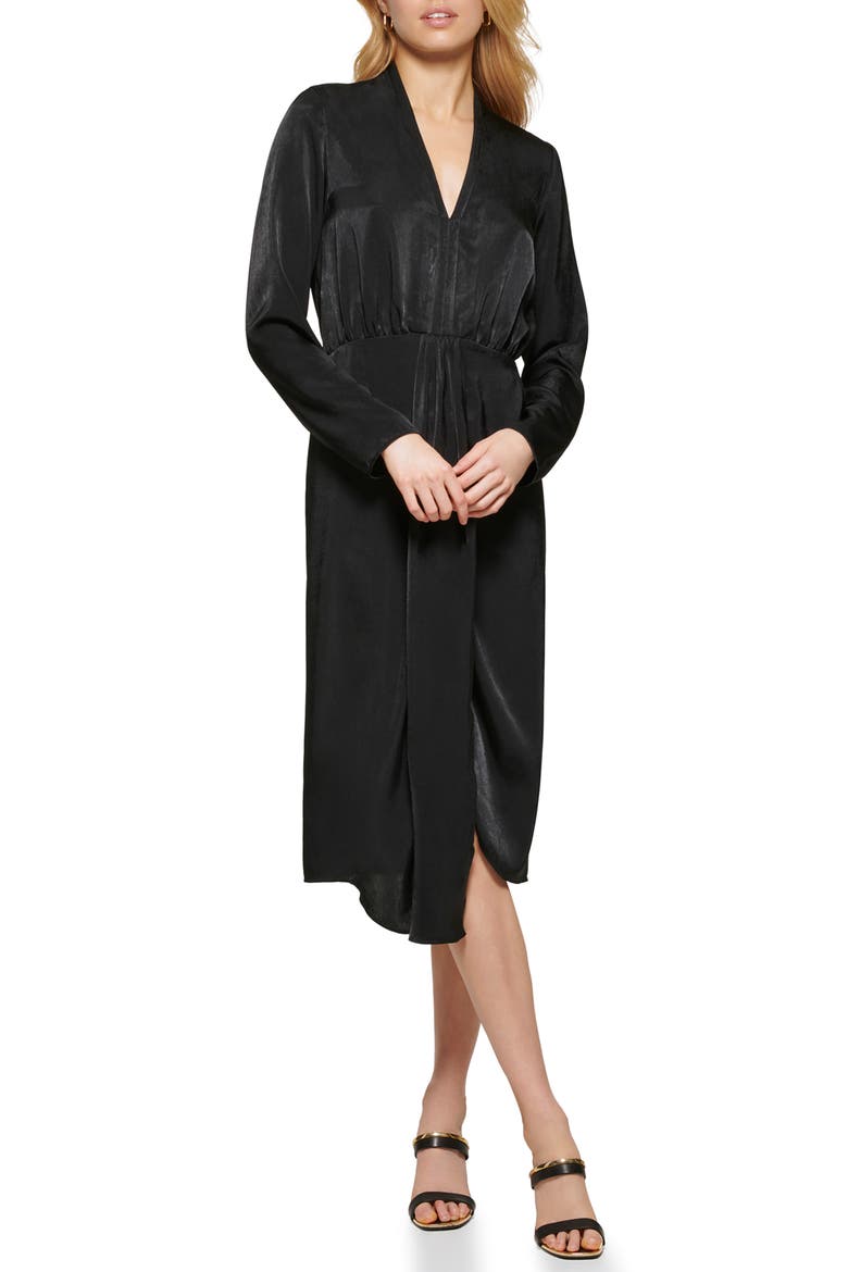 Gathered Long Sleeve Faux Wrap Dress, Main, color, BLACK