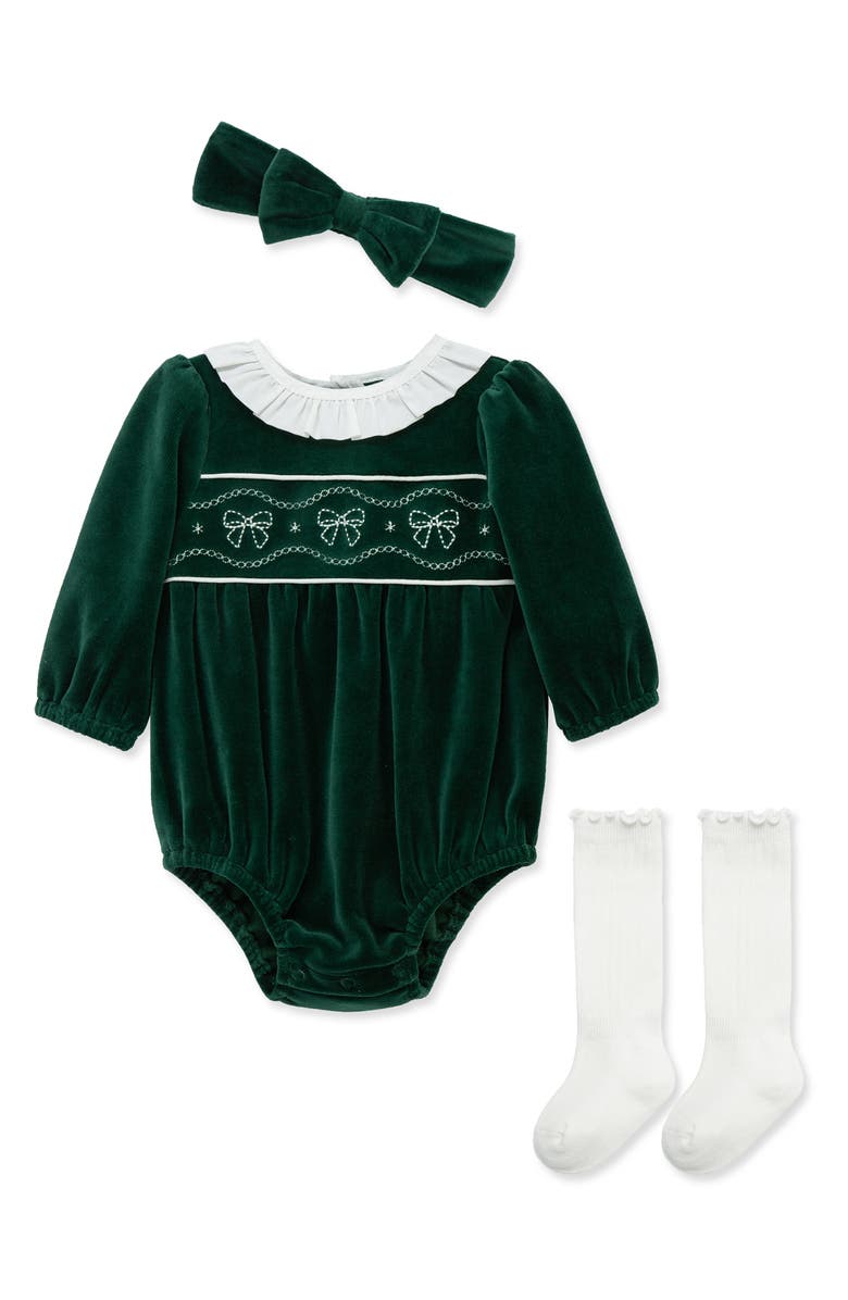Little Me Bows Cotton Blend Velour Bubble Romper, Headband & Knee High Socks Set, Alternate, color, Green