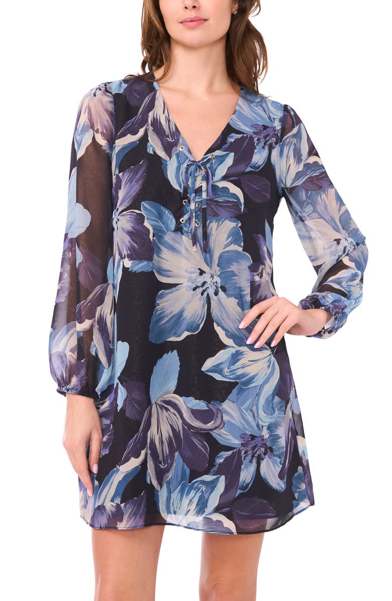 Halogen<sup>®</sup> Floral Lace-Up Grommet Long Sleeve Minidress, Alternate, color, Rich Black